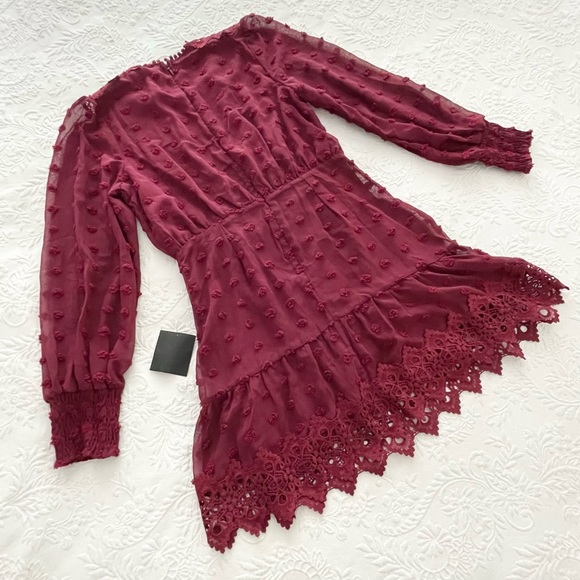 NWT Lust or Love Wine Red Embroidered Lace Long Sleeve Dress Medium - Picture 8 of 12